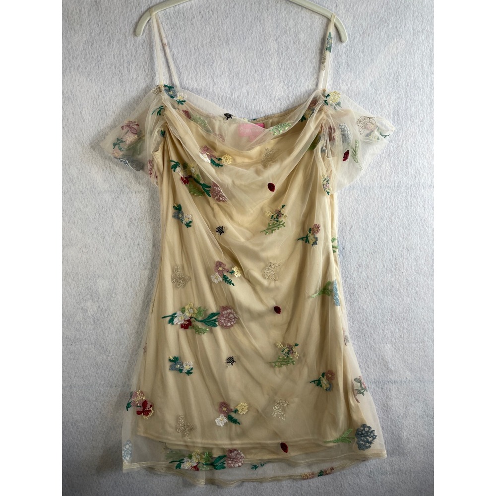 Sugar Thrillz Garden Mesh Mini Dress Cream Floral Butterfly XL Cowl Neck Sheer